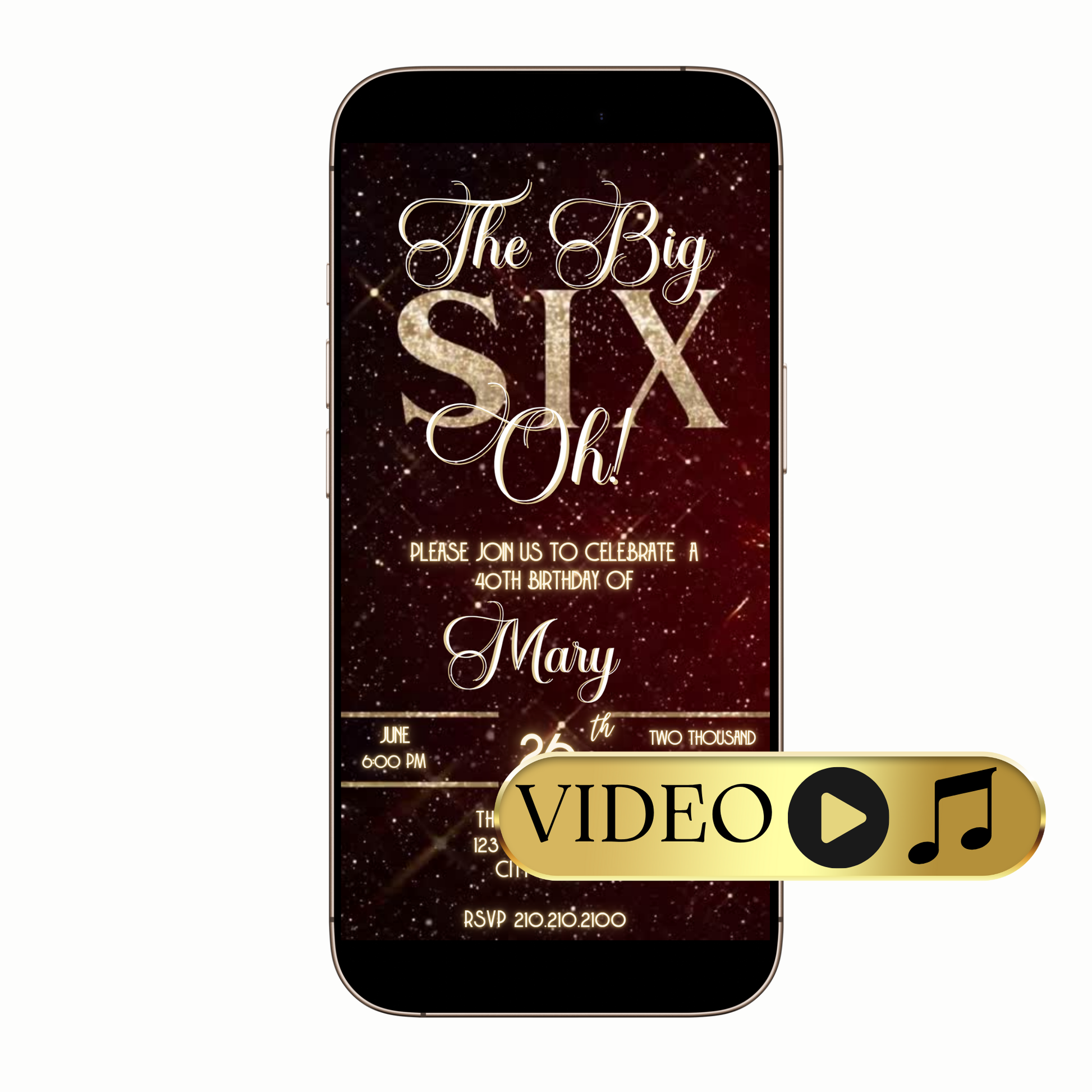 Editable Elegant Six-Oh Video Invite with Champagne Glass & Glam Vibes Template