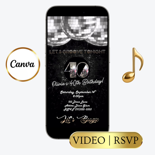 Editable disco silver 40th birthday video invitation displayed on a mobile phone, featuring an animated vertical digital invite with music, created in Canva. This premium video invitation template is designed for sharing by text, email, and social media and works with an interactive RSVP website for easy guest response tracking.