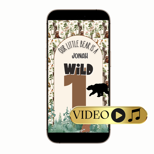 Animated Woodlands Bear video invite with earthy tones