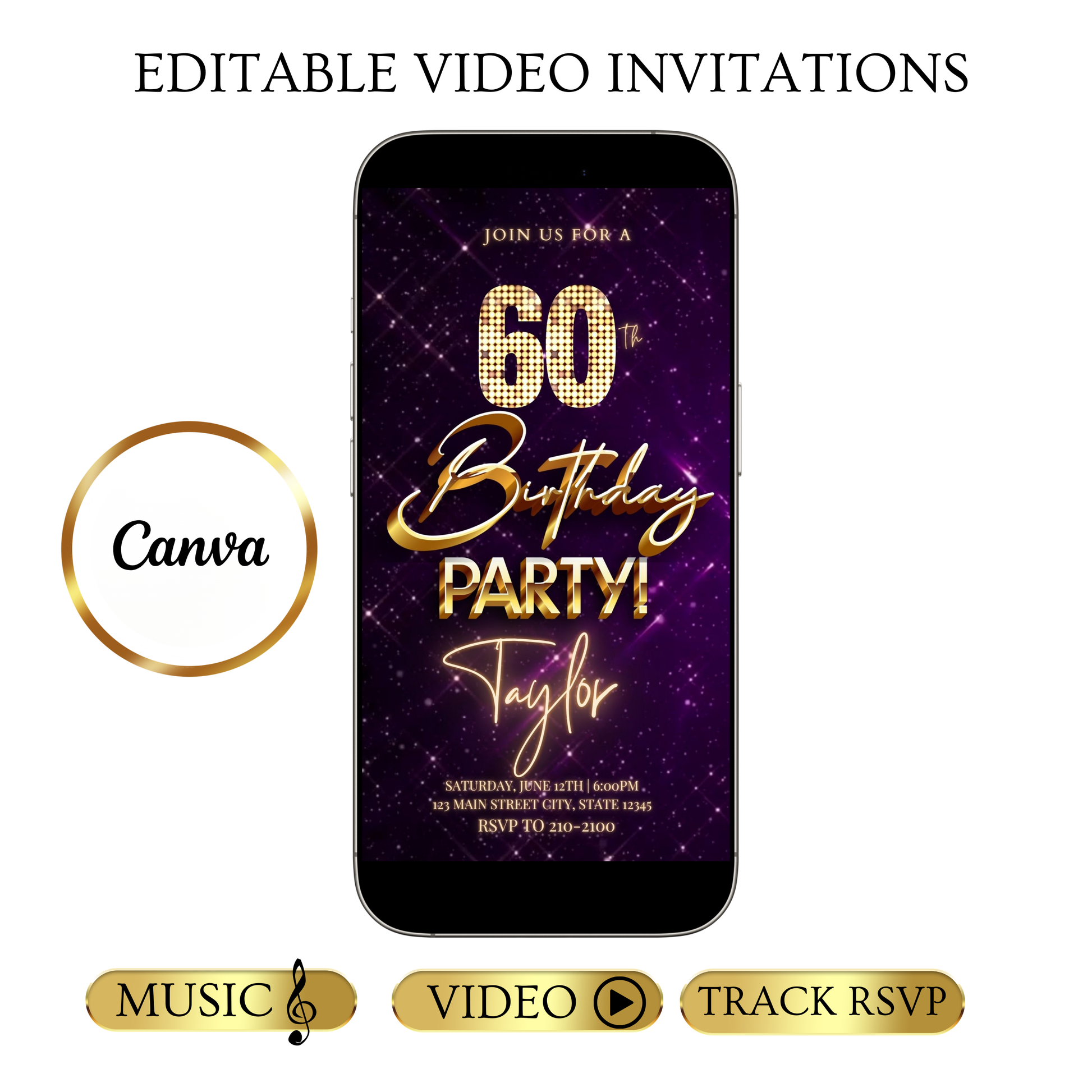 Editable purple gold elegant 60th birthday birthday video invitation displayed on a mobile phone, featuring an animated vertical digital invite with music, created in Canva. This premium video invitation template is designed for sharing by text, email, and social media and works with an interactive RSVP website for easy guest response tracking.