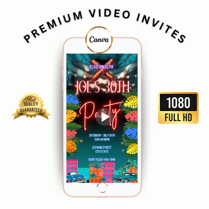 Editable Havana Nights video invitation with Cuban party theme featuring cigars, palm leaves, colorful buildings, and vintage cars. Animated vertical MP4 perfect for mobile sharing. Customize in Canva with your own event details, text, colors, and music. Ideal for birthdays, bachelorette parties, or any tropical celebration.
