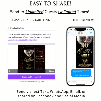 Editable black gold disco 40th birthday birthday video invitation displayed on a mobile phone, featuring an animated vertical digital invite with music, created in Canva. This premium video invitation template is designed for sharing by text, email, and social media and works with an interactive RSVP website for easy guest response tracking.