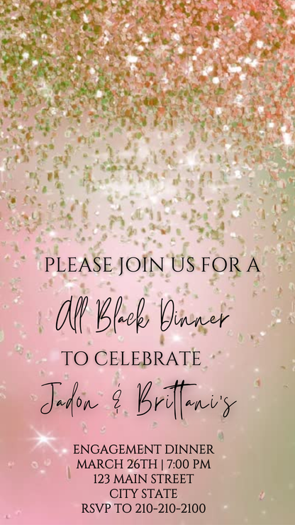 Editable pink gold watercolor glitter engagement dinner video invitation displayed on a mobile phone, featuring an animated vertical digital invite with music, created in Canva. This premium video invitation template is designed for sharing by text, email, and social media and works with an interactive RSVP website for easy guest response tracking.