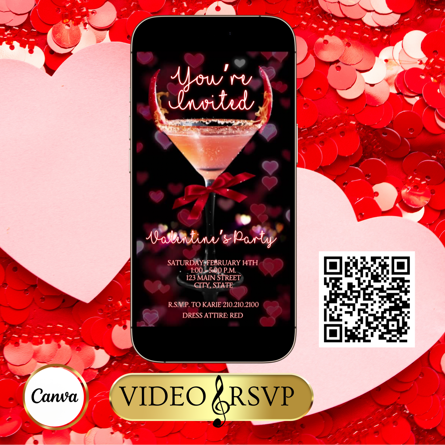 Valentines Cocktail Party Video Invitation | Digital Galentines Day Animated Invite | Editable Canva Evite Template
