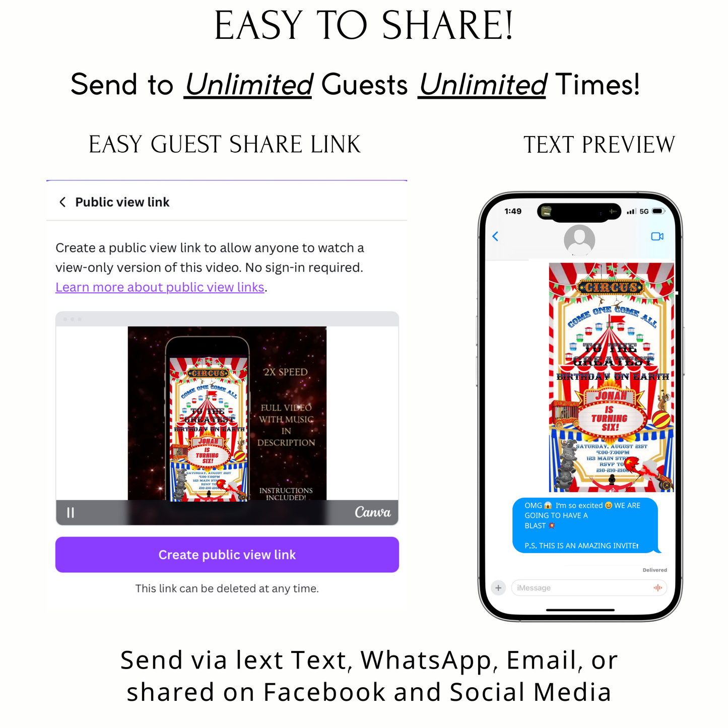 Editable red circus 6th birthday birthday video invitation displayed on a mobile phone, featuring an animated vertical digital invite with music, created in Canva. This premium video invitation template is designed for sharing by text, email, and social media and works with an interactive RSVP website for easy guest response tracking.