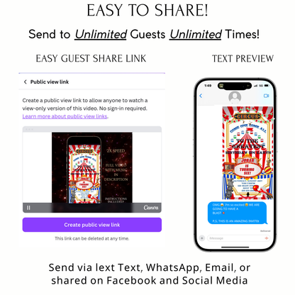 Editable red circus 6th birthday birthday video invitation displayed on a mobile phone, featuring an animated vertical digital invite with music, created in Canva. This premium video invitation template is designed for sharing by text, email, and social media and works with an interactive RSVP website for easy guest response tracking.