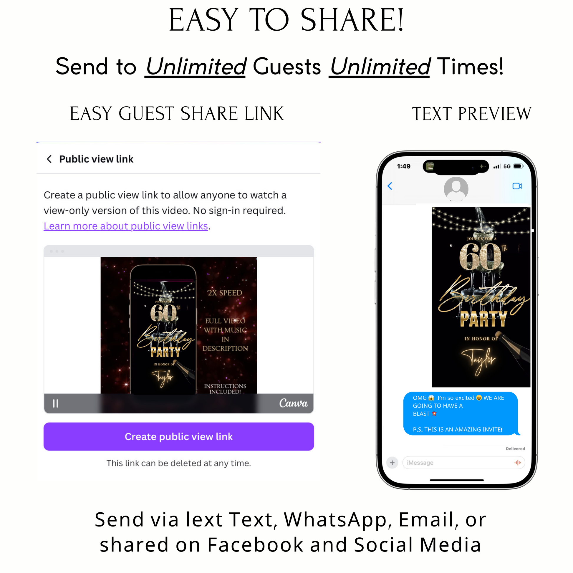 Editable luxury gold champagne 60th birthday birthday video invitation displayed on a mobile phone, featuring an animated vertical digital invite with music, created in Canva. This premium video invitation template is designed for sharing by text, email, and social media and works with an interactive RSVP website for easy guest response tracking.