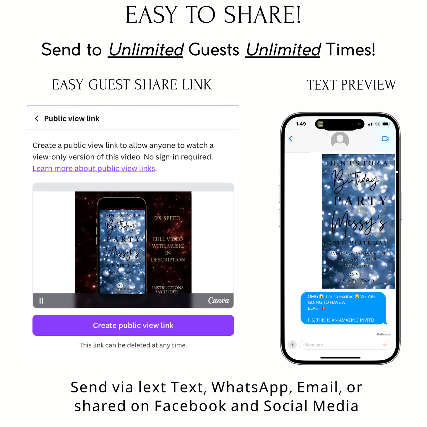 Editable blue bokeh 50th birthday birthday video invitation displayed on a mobile phone, featuring an animated vertical digital invite with music, created in Canva. This premium video invitation template is designed for sharing by text, email, and social media and works with an interactive RSVP website for easy guest response tracking.