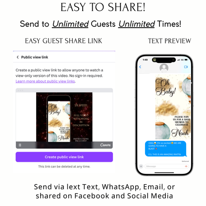 Editable woodland hot air balloon baby shower baby shower video invitation displayed on a mobile phone, featuring an animated vertical digital invite with music, created in Canva. This premium video invitation template is designed for sharing by text, email, and social media and works with an interactive RSVP website for easy guest response tracking.