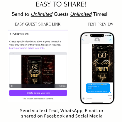 Editable black gold elegant 60th birthday birthday video invitation displayed on a mobile phone, featuring an animated vertical digital invite with music, created in Canva. This premium video invitation template is designed for sharing by text, email, and social media and works with an interactive RSVP website for easy guest response tracking.