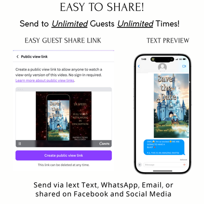 Editable cinderella fairytale quinceañera event video invitation displayed on a mobile phone, featuring an animated vertical digital invite with music, created in Canva. This premium video invitation template is designed for sharing by text, email, and social media and works with an interactive RSVP website for easy guest response tracking.