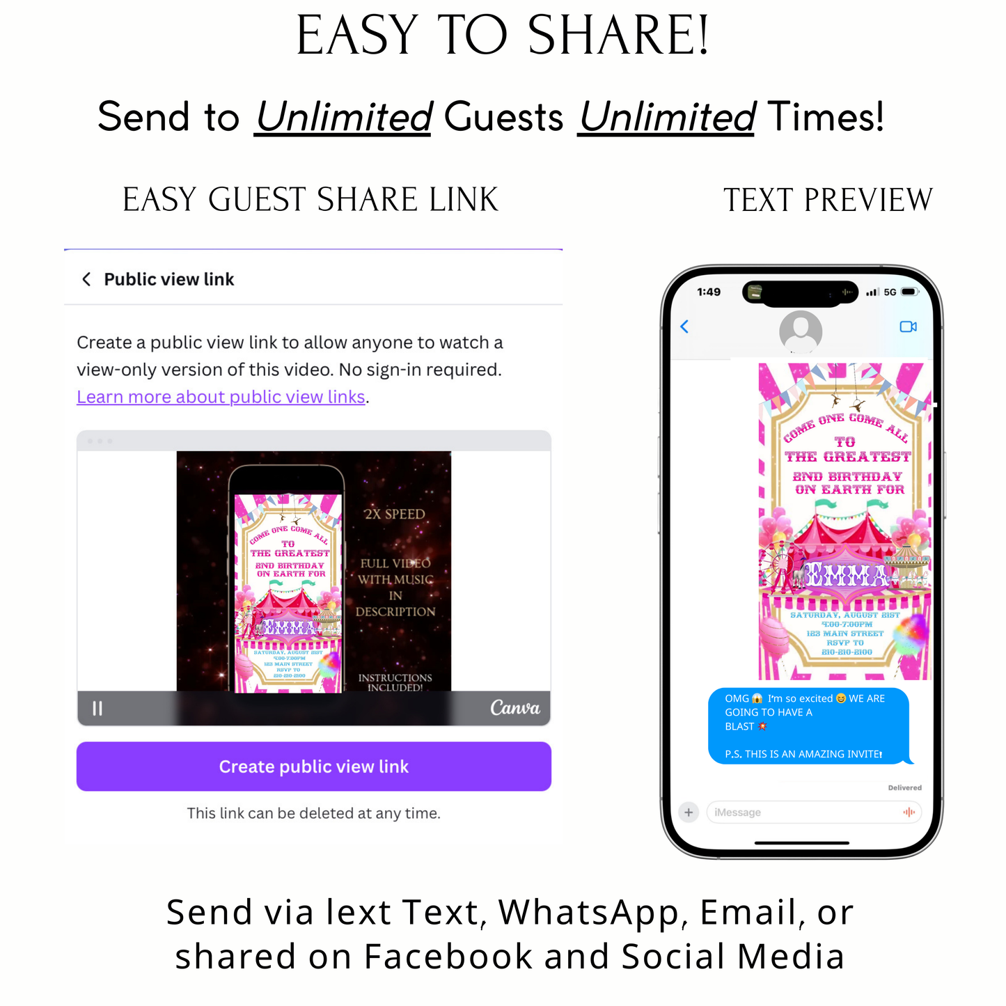 Editable pink circus 2nd birthday birthday video invitation displayed on a mobile phone, featuring an animated vertical digital invite with music, created in Canva. This premium video invitation template is designed for sharing by text, email, and social media and works with an interactive RSVP website for easy guest response tracking.