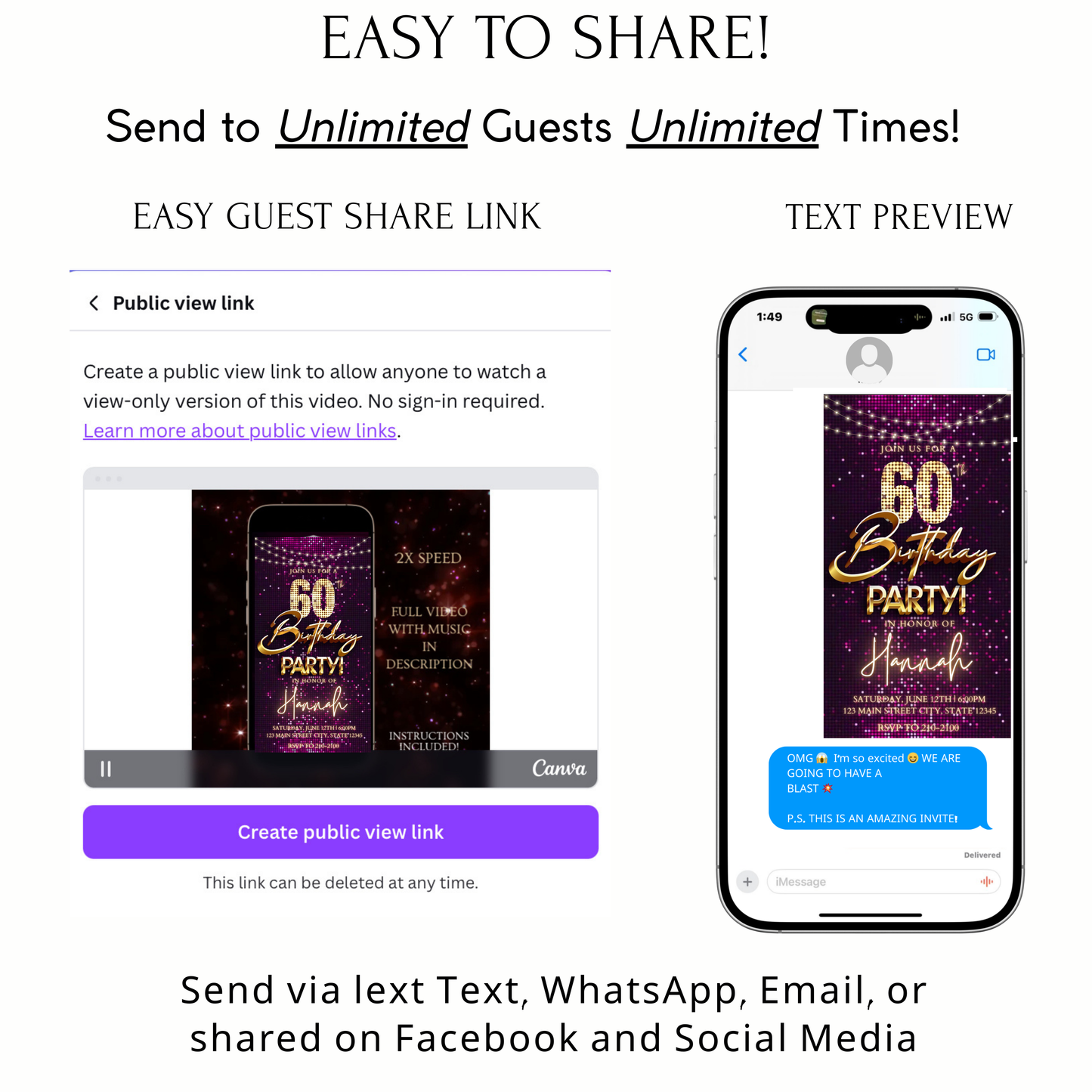 Editable violet sequin gold 60th birthday birthday video invitation displayed on a mobile phone, featuring an animated vertical digital invite with music, created in Canva. This premium video invitation template is designed for sharing by text, email, and social media and works with an interactive RSVP website for easy guest response tracking.