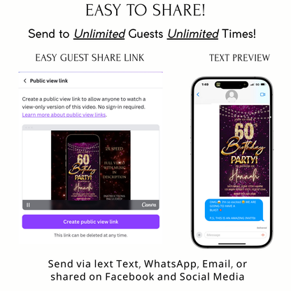Editable violet sequin gold 60th birthday birthday video invitation displayed on a mobile phone, featuring an animated vertical digital invite with music, created in Canva. This premium video invitation template is designed for sharing by text, email, and social media and works with an interactive RSVP website for easy guest response tracking.