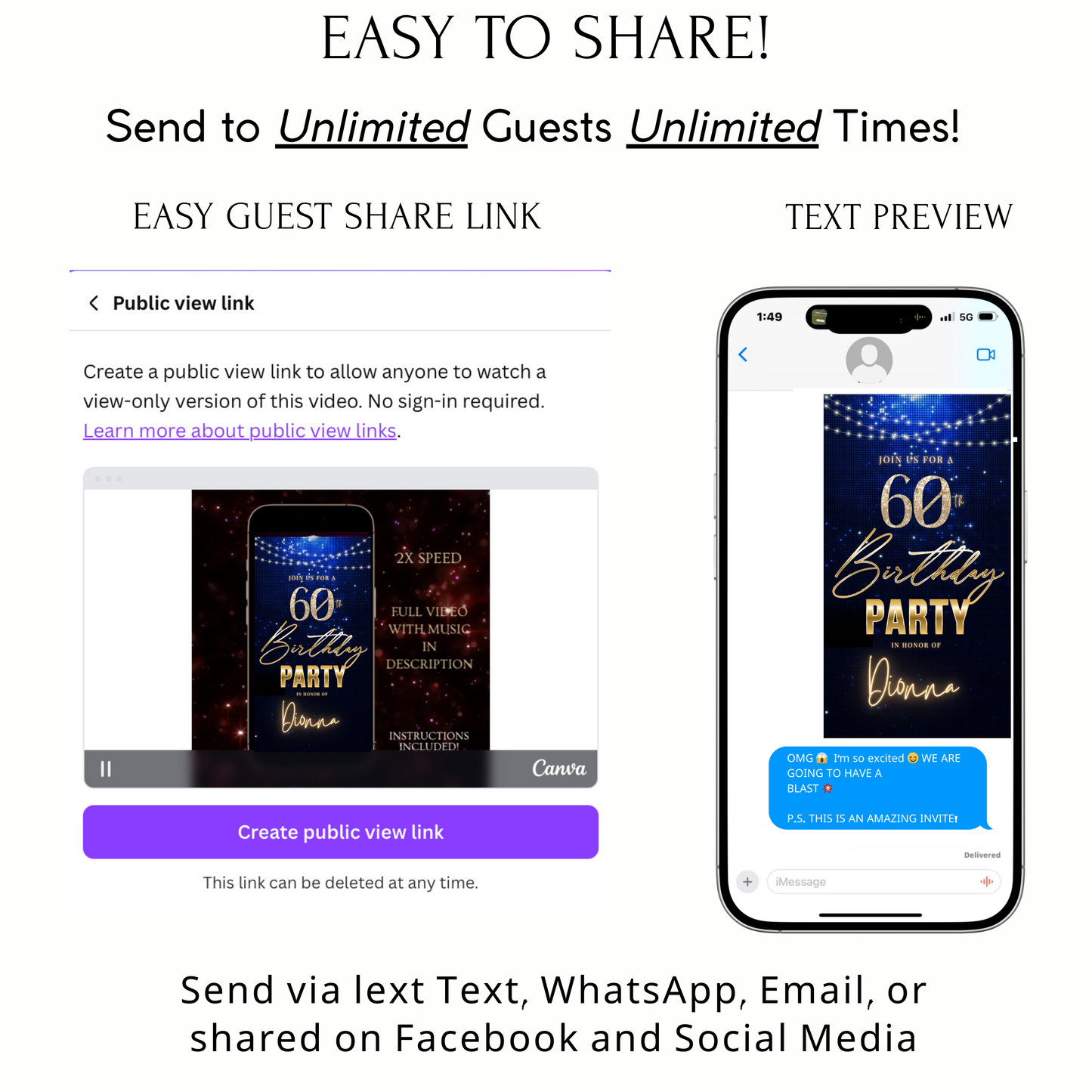 Editable royal blue gold elegant 60th birthday birthday video invitation displayed on a mobile phone, featuring an animated vertical digital invite with music, created in Canva. This premium video invitation template is designed for sharing by text, email, and social media and works with an interactive RSVP website for easy guest response tracking.