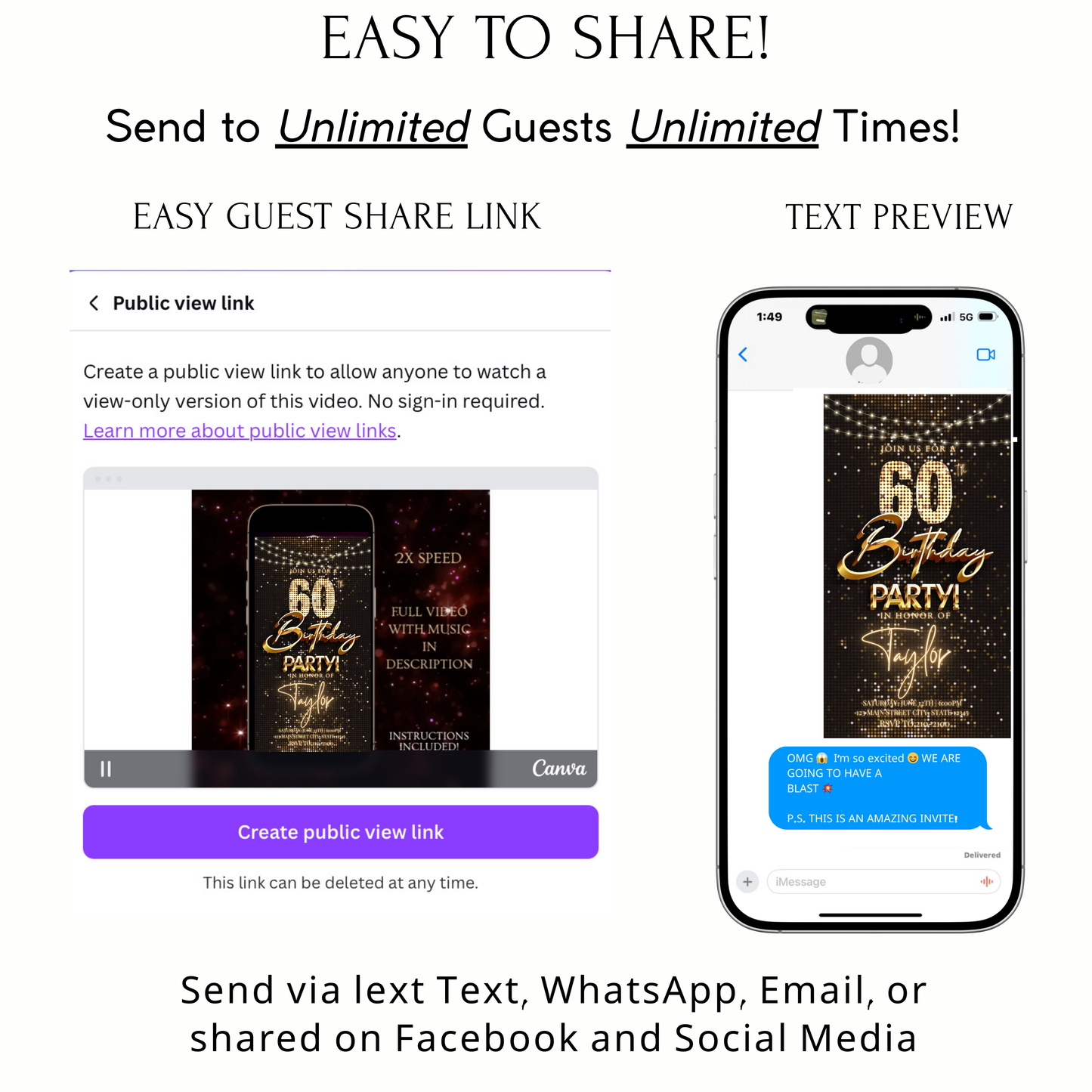 Editable gold party lights 60th birthday birthday video invitation displayed on a mobile phone, featuring an animated vertical digital invite with music, created in Canva. This premium video invitation template is designed for sharing by text, email, and social media and works with an interactive RSVP website for easy guest response tracking.