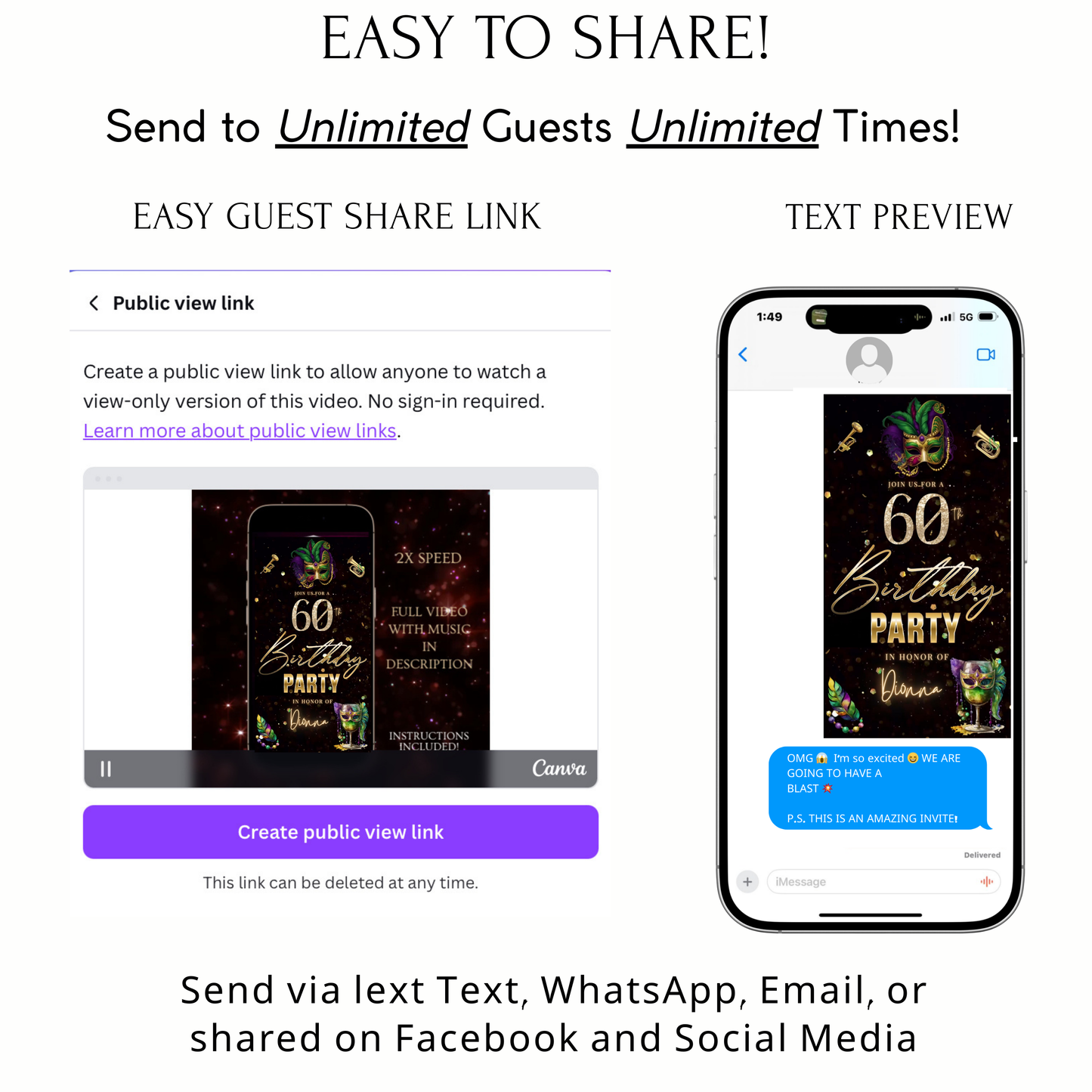 Editable masquerade mardi gras 60th birthday birthday video invitation displayed on a mobile phone, featuring an animated vertical digital invite with music, created in Canva. This premium video invitation template is designed for sharing by text, email, and social media and works with an interactive RSVP website for easy guest response tracking.