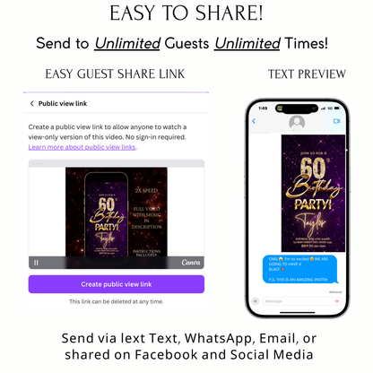 Editable purple gold sparkle 60th birthday birthday video invitation displayed on a mobile phone, featuring an animated vertical digital invite with music, created in Canva. This premium video invitation template is designed for sharing by text, email, and social media and works with an interactive RSVP website for easy guest response tracking.