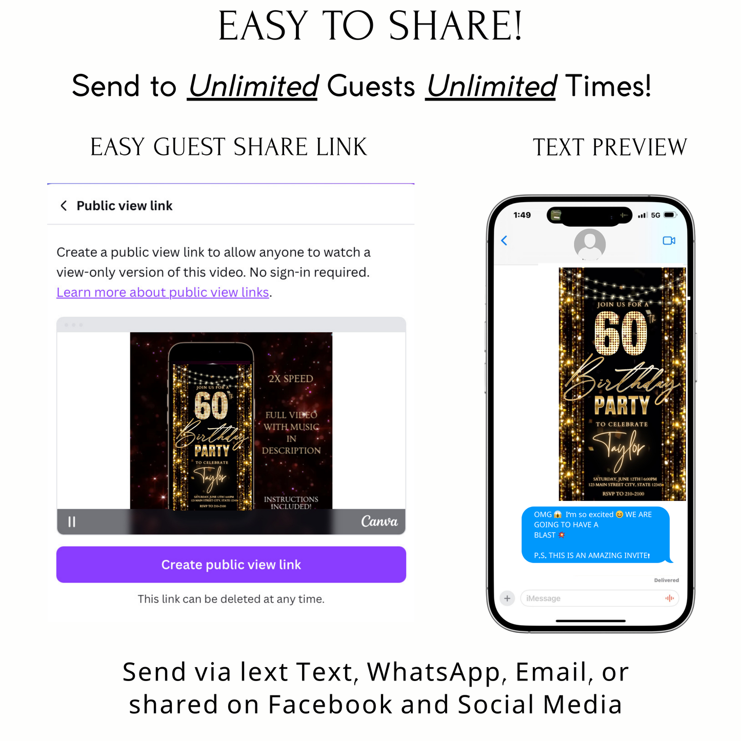 Editable gold glitter curtain 60th birthday birthday video invitation displayed on a mobile phone, featuring an animated vertical digital invite with music, created in Canva. This premium video invitation template is designed for sharing by text, email, and social media and works with an interactive RSVP website for easy guest response tracking.
