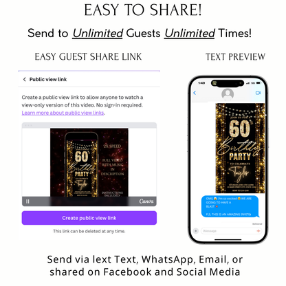 Editable gold glitter curtain 60th birthday birthday video invitation displayed on a mobile phone, featuring an animated vertical digital invite with music, created in Canva. This premium video invitation template is designed for sharing by text, email, and social media and works with an interactive RSVP website for easy guest response tracking.