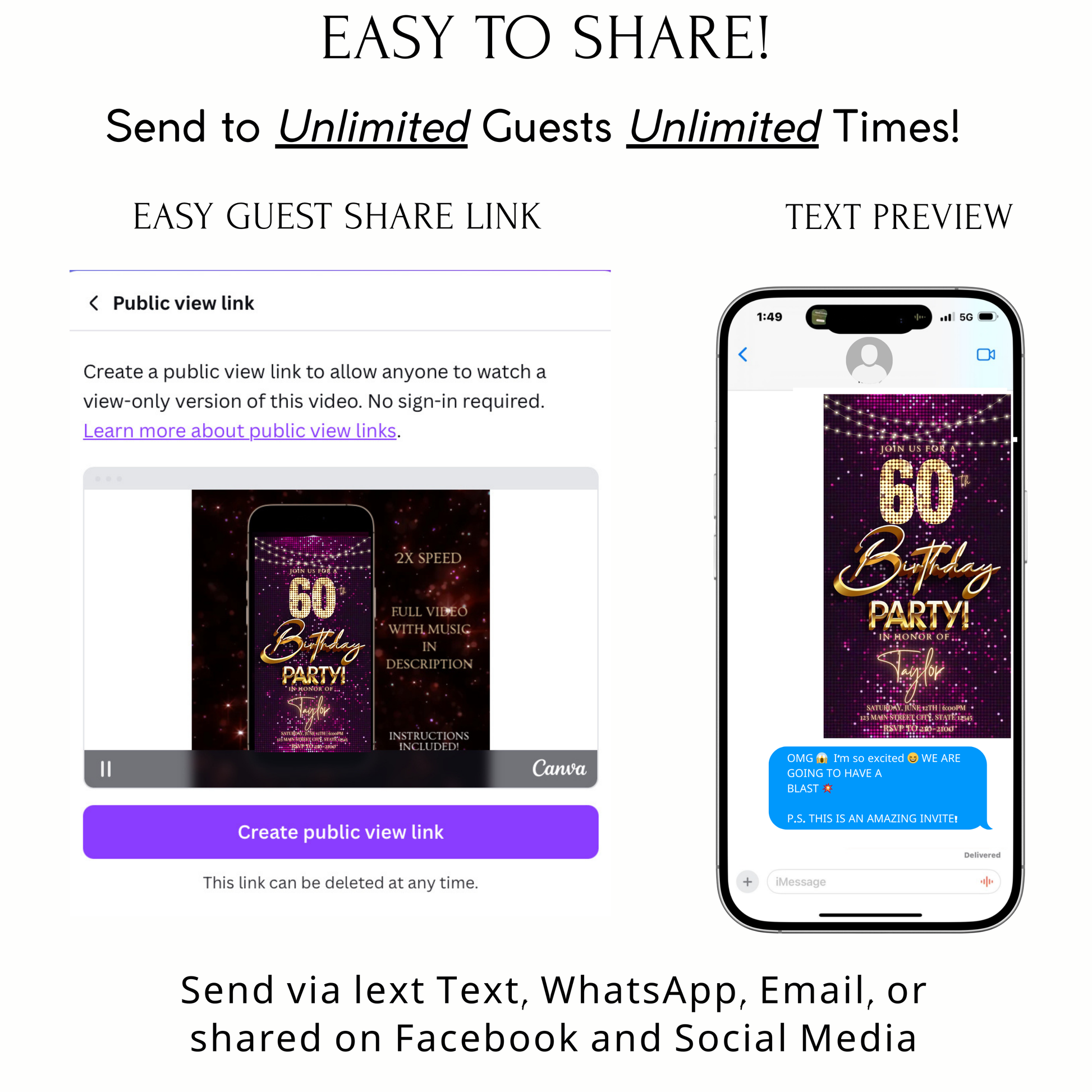 Editable violet gold sequin 60th birthday birthday video invitation displayed on a mobile phone, featuring an animated vertical digital invite with music, created in Canva. This premium video invitation template is designed for sharing by text, email, and social media and works with an interactive RSVP website for easy guest response tracking.