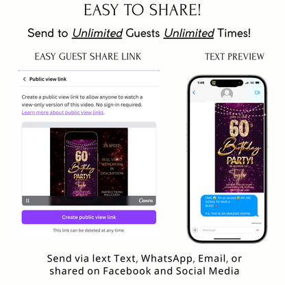 Editable violet gold sequin 60th birthday birthday video invitation displayed on a mobile phone, featuring an animated vertical digital invite with music, created in Canva. This premium video invitation template is designed for sharing by text, email, and social media and works with an interactive RSVP website for easy guest response tracking.