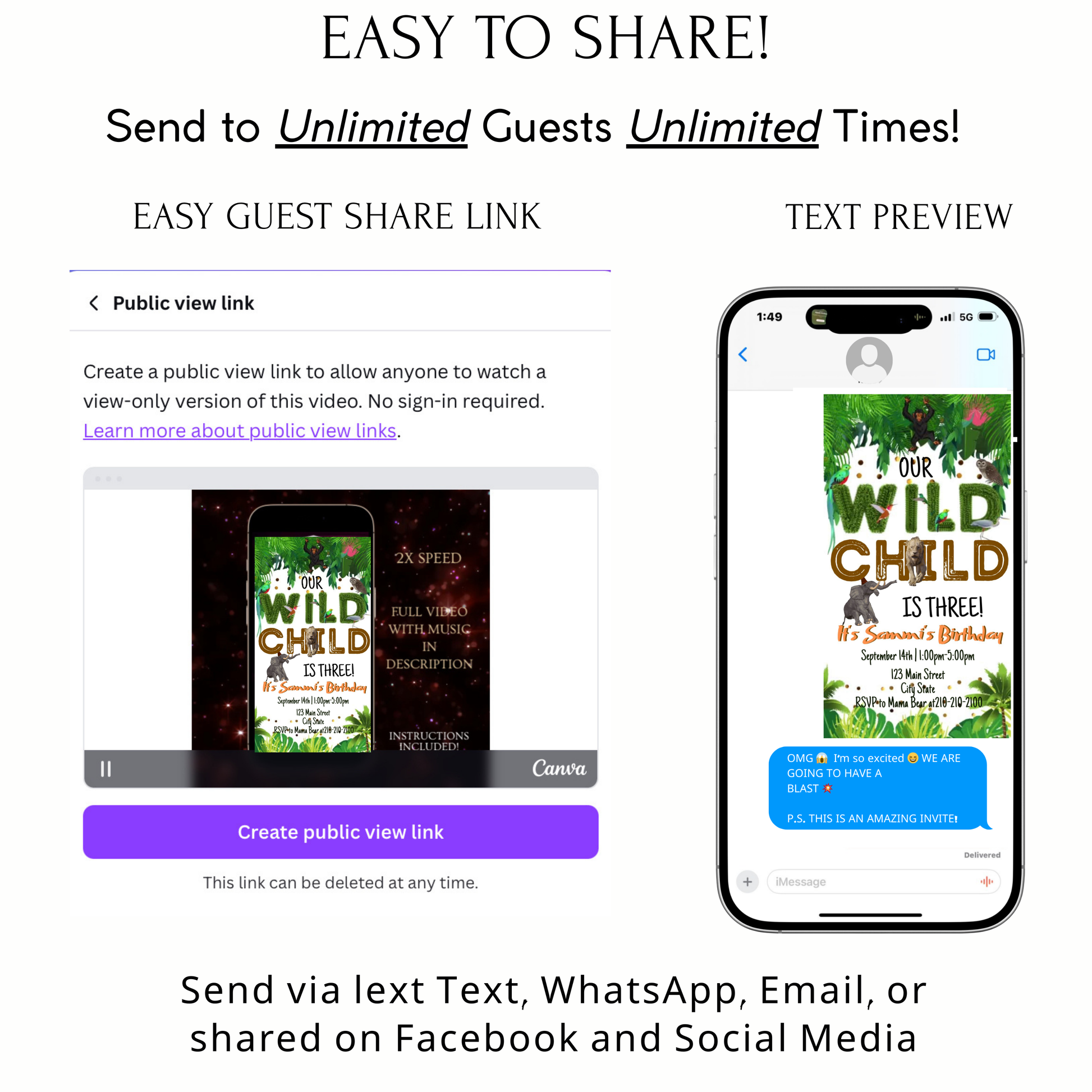Editable wild jungle birthday birthday video invitation displayed on a mobile phone, featuring an animated vertical digital invite with music, created in Canva. This premium video invitation template is designed for sharing by text, email, and social media and works with an interactive RSVP website for easy guest response tracking.