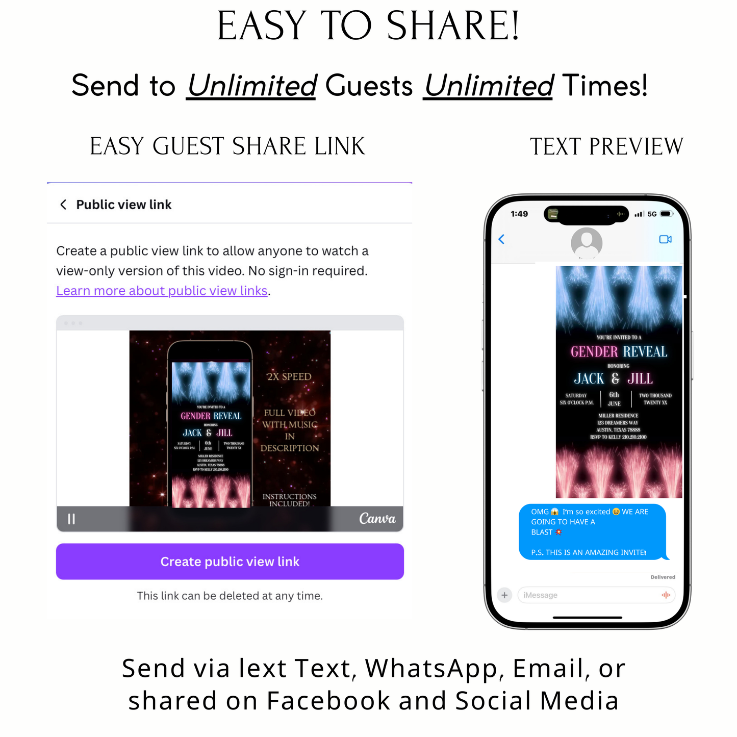 Editable fireworks gender reveal event video invitation displayed on a mobile phone, featuring an animated vertical digital invite with music, created in Canva. This premium video invitation template is designed for sharing by text, email, and social media and works with an interactive RSVP website for easy guest response tracking.