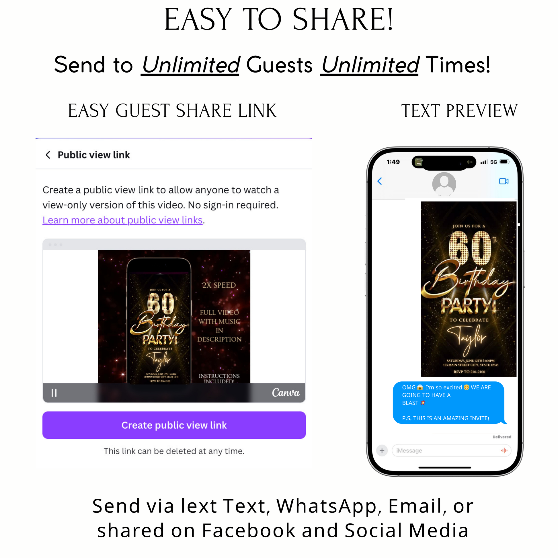 Editable luxury gold spotlight 60th birthday birthday video invitation displayed on a mobile phone, featuring an animated vertical digital invite with music, created in Canva. This premium video invitation template is designed for sharing by text, email, and social media and works with an interactive RSVP website for easy guest response tracking.