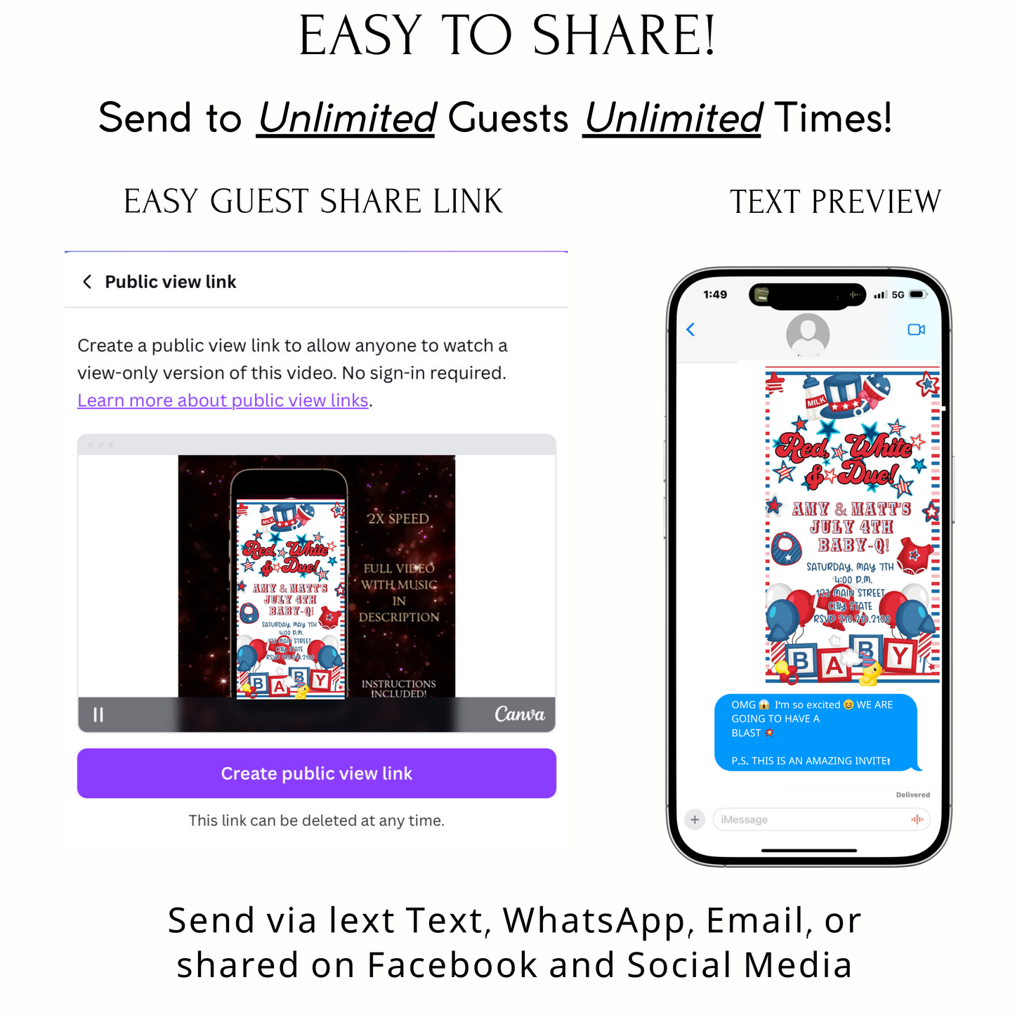 Editable red white blue 4th of july baby shower baby shower video invitation displayed on a mobile phone, featuring an animated vertical digital invite with music, created in Canva. This premium video invitation template is designed for sharing by text, email, and social media and works with an interactive RSVP website for easy guest response tracking.