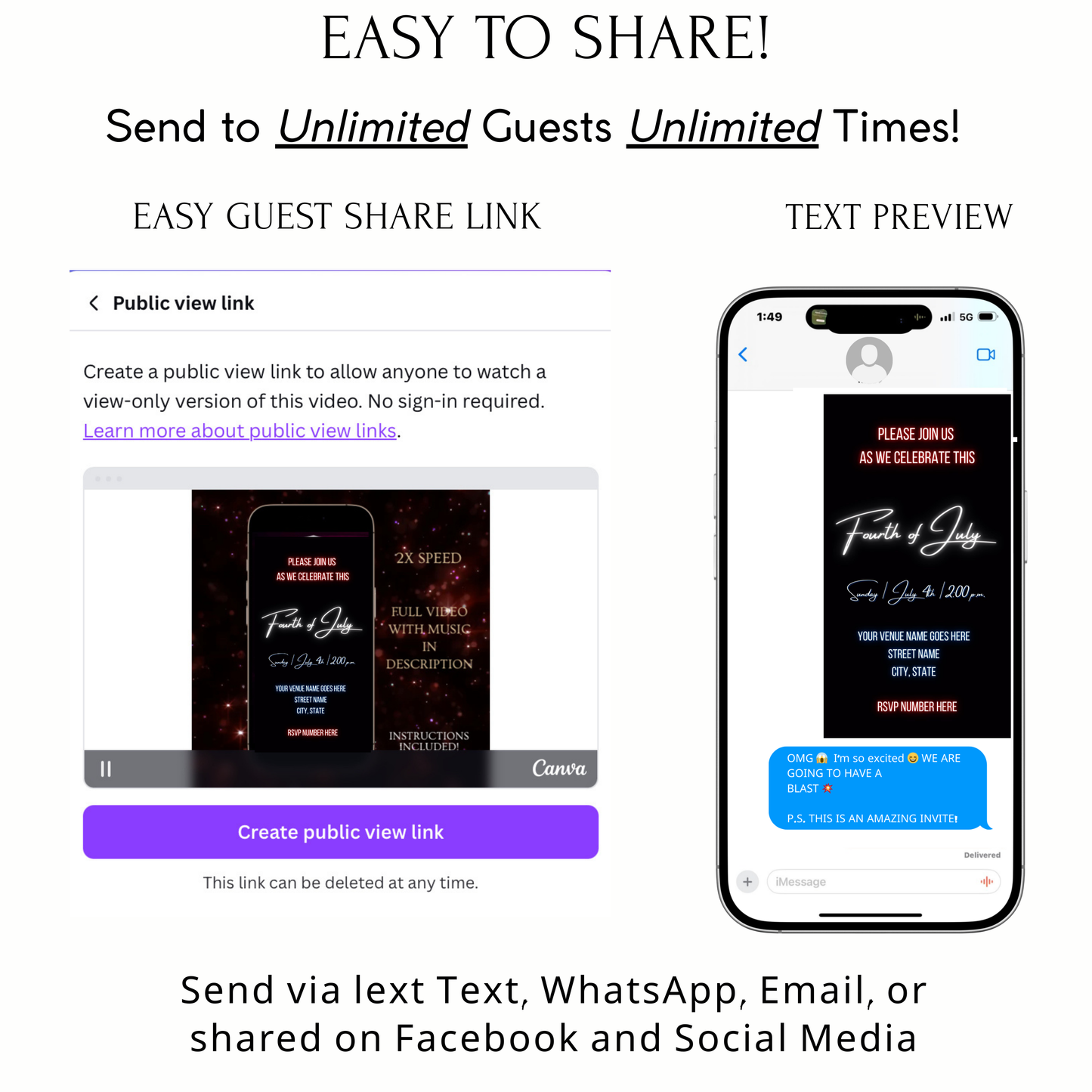 Editable neon fourth of july party party video invitation displayed on a mobile phone, featuring an animated vertical digital invite with music, created in Canva. This premium video invitation template is designed for sharing by text, email, and social media and works with an interactive RSVP website for easy guest response tracking.