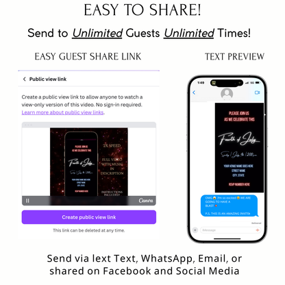 Editable neon fourth of july party party video invitation displayed on a mobile phone, featuring an animated vertical digital invite with music, created in Canva. This premium video invitation template is designed for sharing by text, email, and social media and works with an interactive RSVP website for easy guest response tracking.