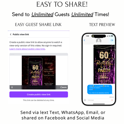 Editable purple gold glam 60th birthday birthday video invitation displayed on a mobile phone, featuring an animated vertical digital invite with music, created in Canva. This premium video invitation template is designed for sharing by text, email, and social media and works with an interactive RSVP website for easy guest response tracking.