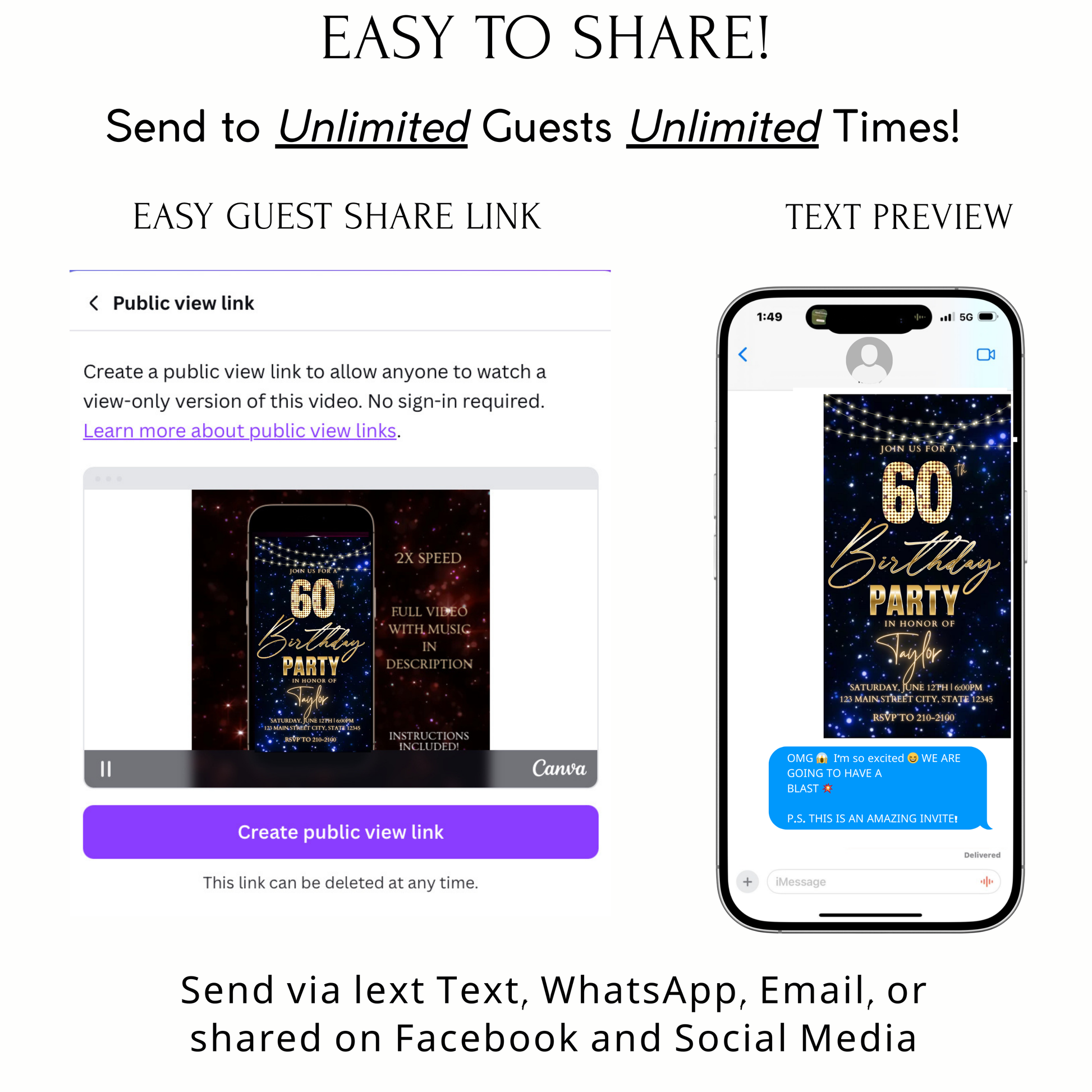 Editable navy gold starry 60th birthday birthday video invitation displayed on a mobile phone, featuring an animated vertical digital invite with music, created in Canva. This premium video invitation template is designed for sharing by text, email, and social media and works with an interactive RSVP website for easy guest response tracking.