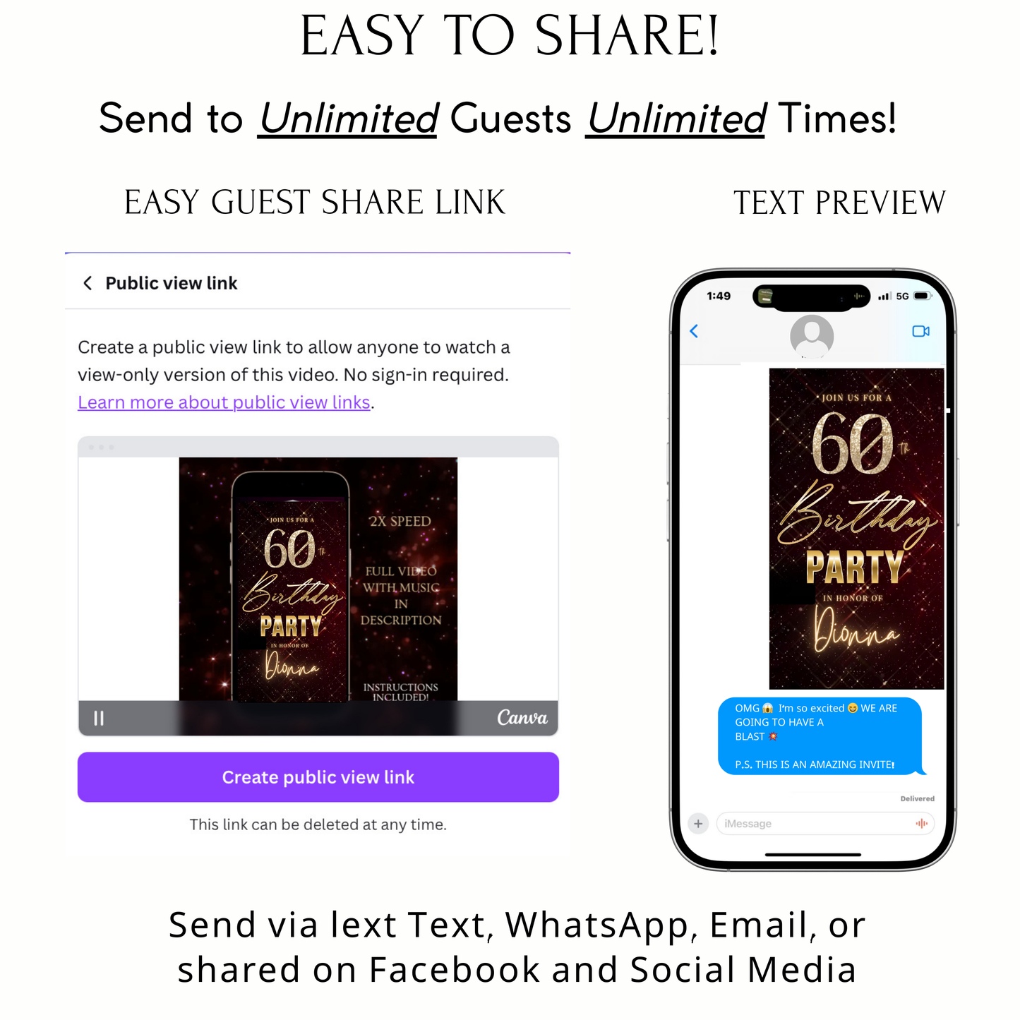 Editable maroon gold sparkle grid 60th birthday birthday video invitation displayed on a mobile phone, featuring an animated vertical digital invite with music, created in Canva. This premium video invitation template is designed for sharing by text, email, and social media and works with an interactive RSVP website for easy guest response tracking.