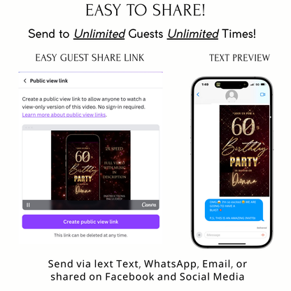 Editable maroon gold sparkle grid 60th birthday birthday video invitation displayed on a mobile phone, featuring an animated vertical digital invite with music, created in Canva. This premium video invitation template is designed for sharing by text, email, and social media and works with an interactive RSVP website for easy guest response tracking.