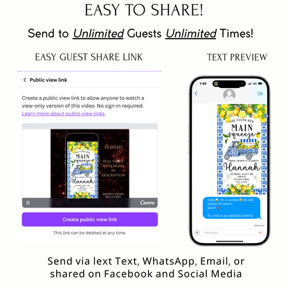 Editable amalfi lemon bridal shower bridal shower video invitation displayed on a mobile phone, featuring an animated vertical digital invite with music, created in Canva. This premium video invitation template is designed for sharing by text, email, and social media and works with an interactive RSVP website for easy guest response tracking.
