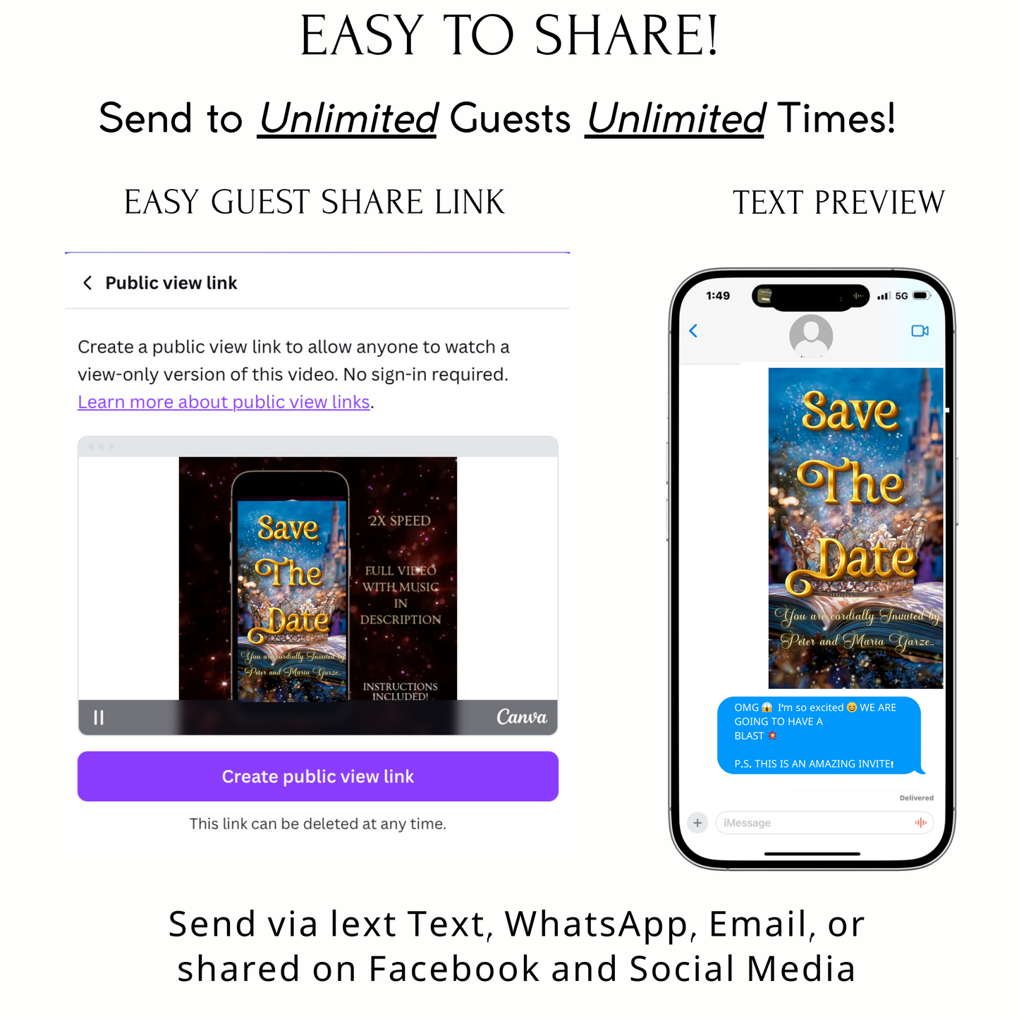 Editable beauty and the beast fairytale quinceañera event video invitation displayed on a mobile phone, featuring an animated vertical digital invite with music, created in Canva. This premium video invitation template is designed for sharing by text, email, and social media and works with an interactive RSVP website for easy guest response tracking.