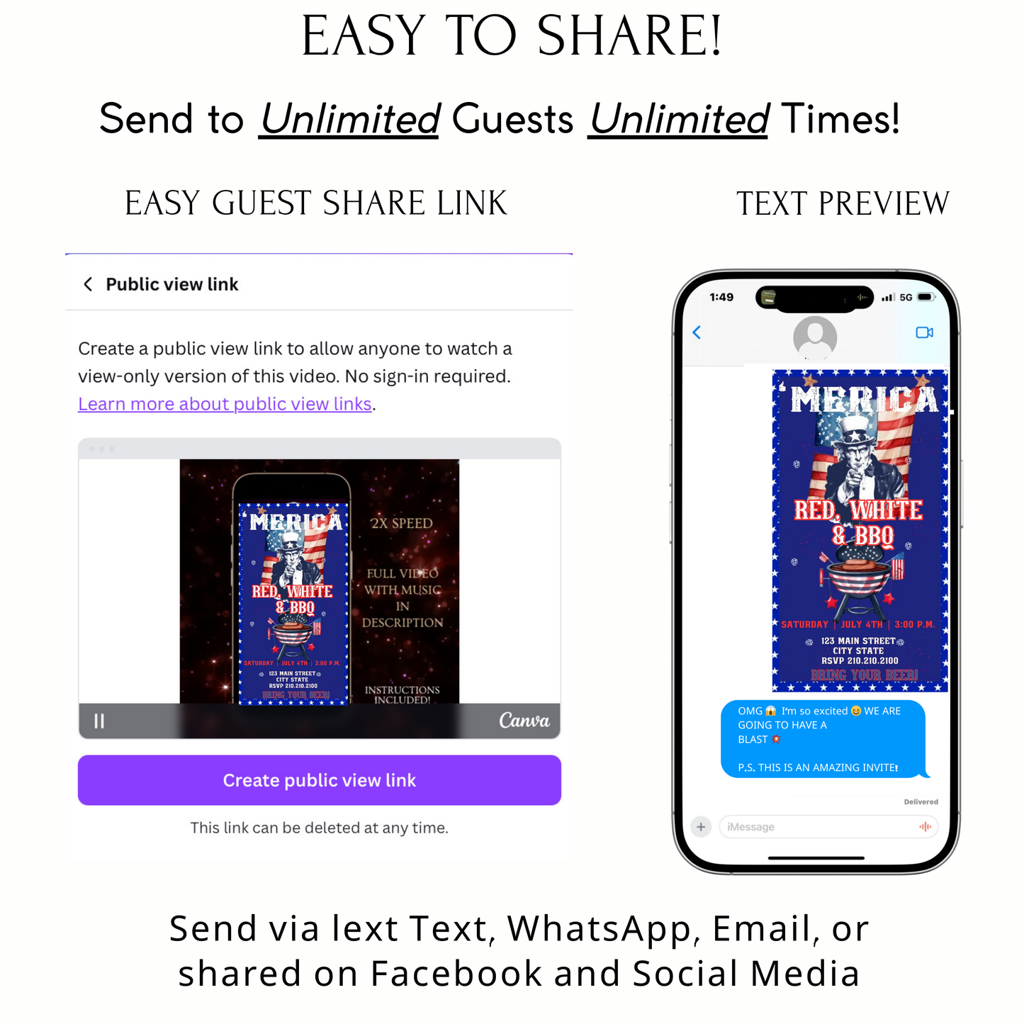 Editable red white blue bbq party party video invitation displayed on a mobile phone, featuring an animated vertical digital invite with music, created in Canva. This premium video invitation template is designed for sharing by text, email, and social media and works with an interactive RSVP website for easy guest response tracking.