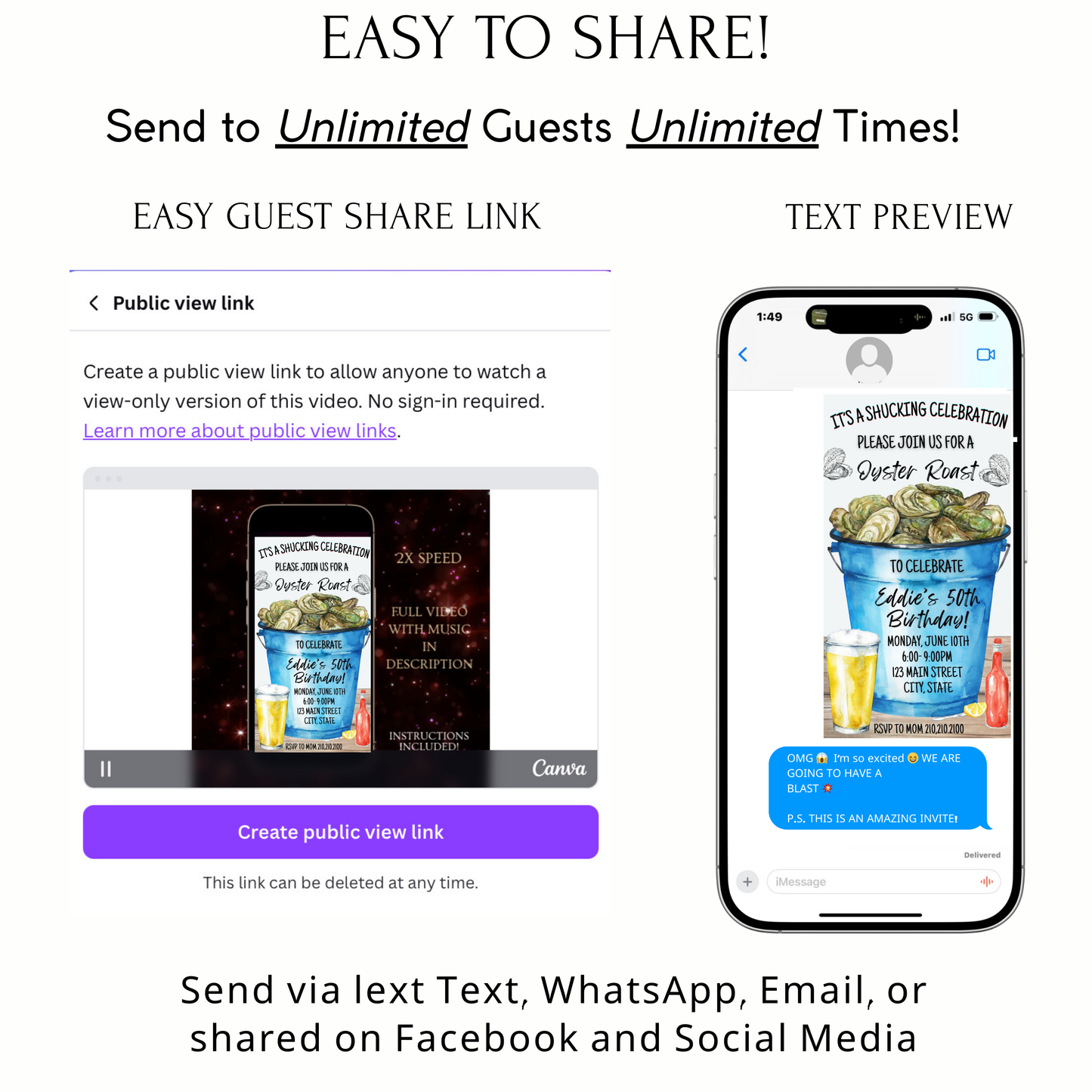 Editable oyster roast birthday party birthday video invitation displayed on a mobile phone, featuring an animated vertical digital invite with music, created in Canva. This premium video invitation template is designed for sharing by text, email, and social media and works with an interactive RSVP website for easy guest response tracking.