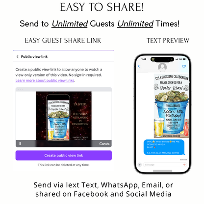 Editable oyster roast birthday party birthday video invitation displayed on a mobile phone, featuring an animated vertical digital invite with music, created in Canva. This premium video invitation template is designed for sharing by text, email, and social media and works with an interactive RSVP website for easy guest response tracking.