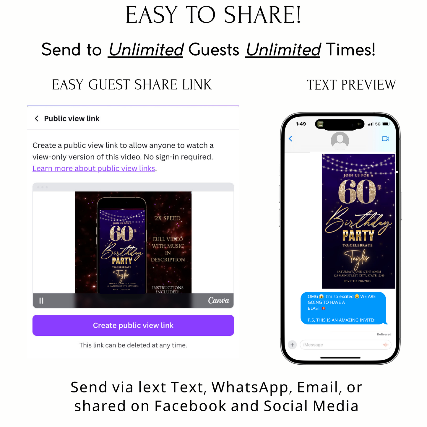 Editable purple gold starry 60th birthday birthday video invitation displayed on a mobile phone, featuring an animated vertical digital invite with music, created in Canva. This premium video invitation template is designed for sharing by text, email, and social media and works with an interactive RSVP website for easy guest response tracking.