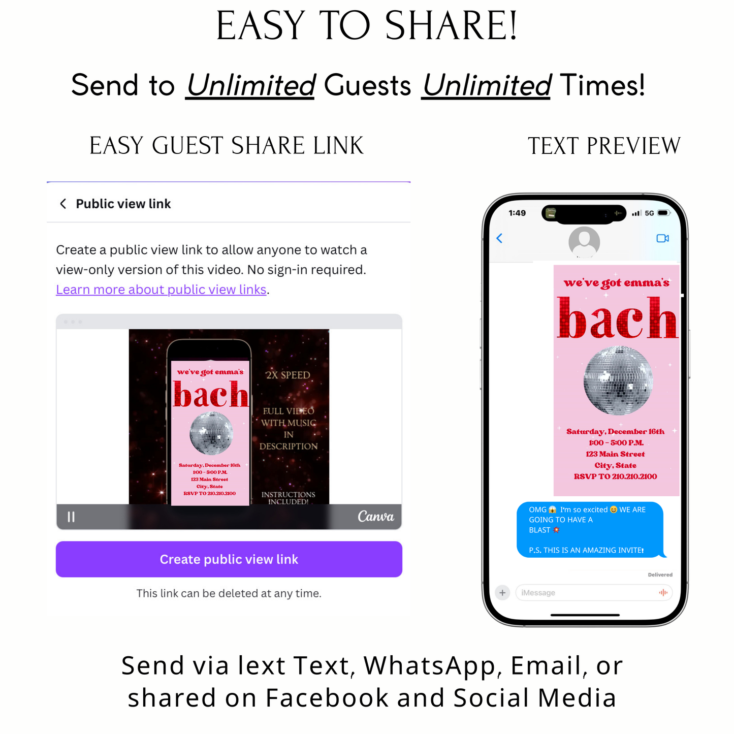 Editable disco bachelorette party party video invitation displayed on a mobile phone, featuring an animated vertical digital invite with music, created in Canva. This premium video invitation template is designed for sharing by text, email, and social media and works with an interactive RSVP website for easy guest response tracking.