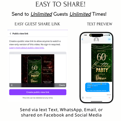 Editable emerald green gold 60th birthday birthday video invitation displayed on a mobile phone, featuring an animated vertical digital invite with music, created in Canva. This premium video invitation template is designed for sharing by text, email, and social media and works with an interactive RSVP website for easy guest response tracking.