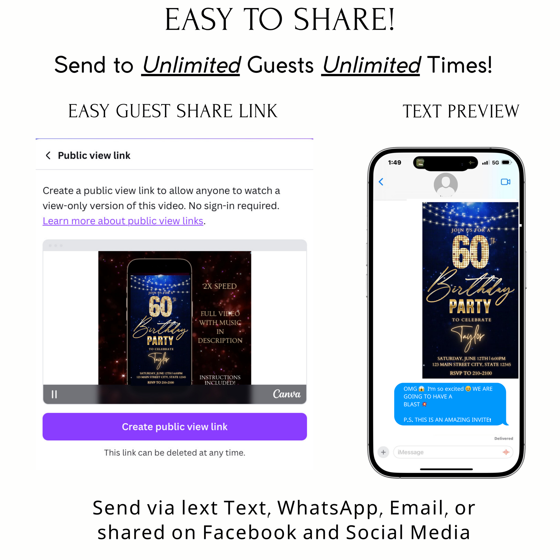 Editable royal blue gold sparkle 60th birthday birthday video invitation displayed on a mobile phone, featuring an animated vertical digital invite with music, created in Canva. This premium video invitation template is designed for sharing by text, email, and social media and works with an interactive RSVP website for easy guest response tracking.