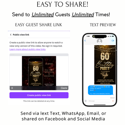 Editable bronze glitter 60th birthday birthday video invitation displayed on a mobile phone, featuring an animated vertical digital invite with music, created in Canva. This premium video invitation template is designed for sharing by text, email, and social media and works with an interactive RSVP website for easy guest response tracking.