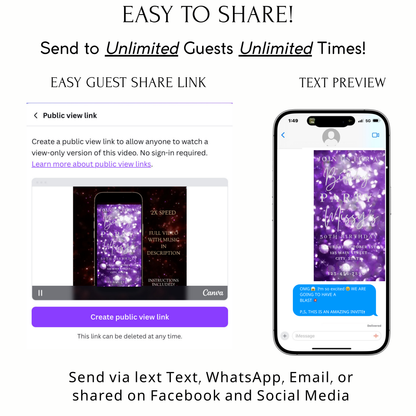 Editable purple bokeh 50th birthday birthday video invitation displayed on a mobile phone, featuring an animated vertical digital invite with music, created in Canva. This premium video invitation template is designed for sharing by text, email, and social media and works with an interactive RSVP website for easy guest response tracking.