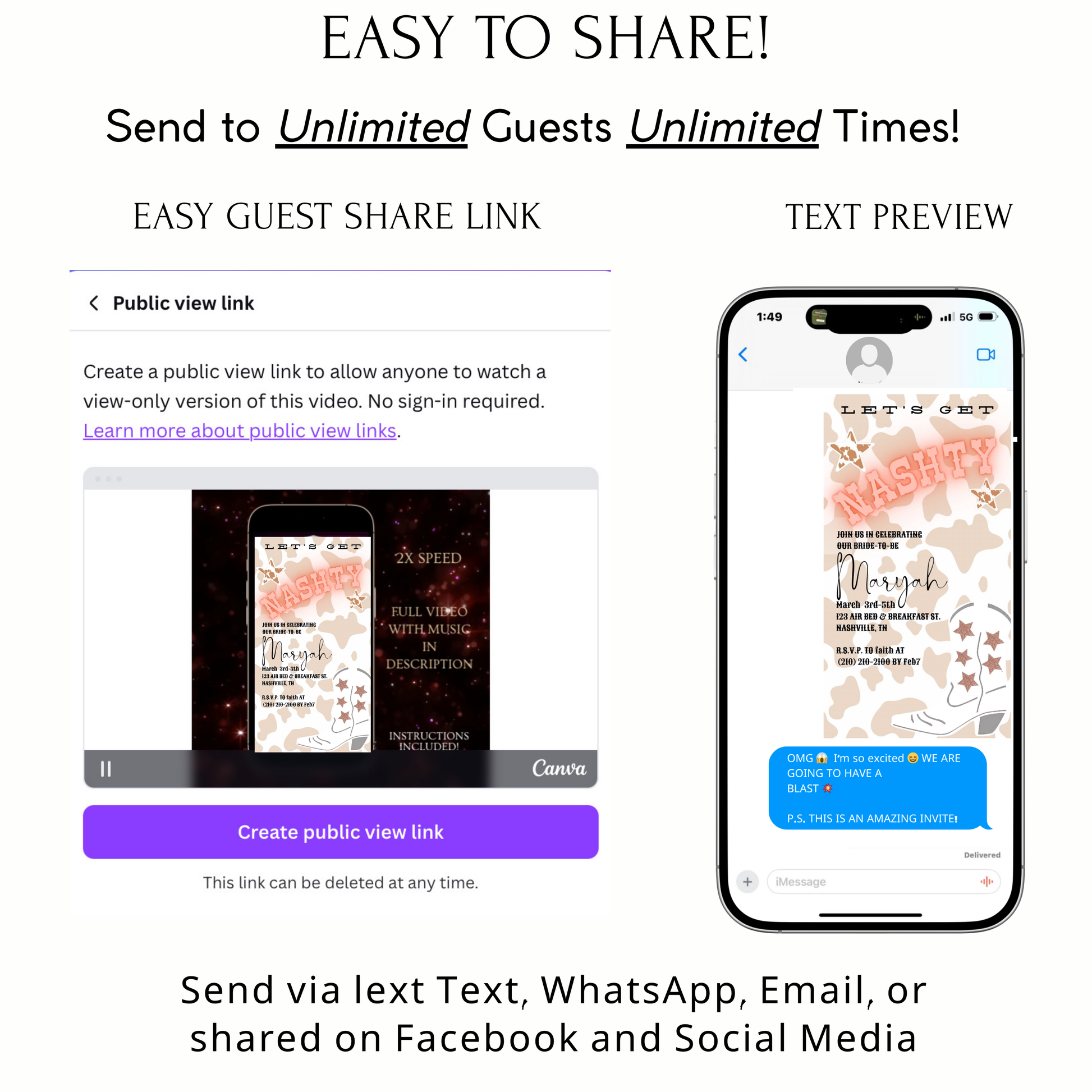 Editable cowgirl nashville bachelorette party party video invitation displayed on a mobile phone, featuring an animated vertical digital invite with music, created in Canva. This premium video invitation template is designed for sharing by text, email, and social media and works with an interactive RSVP website for easy guest response tracking.