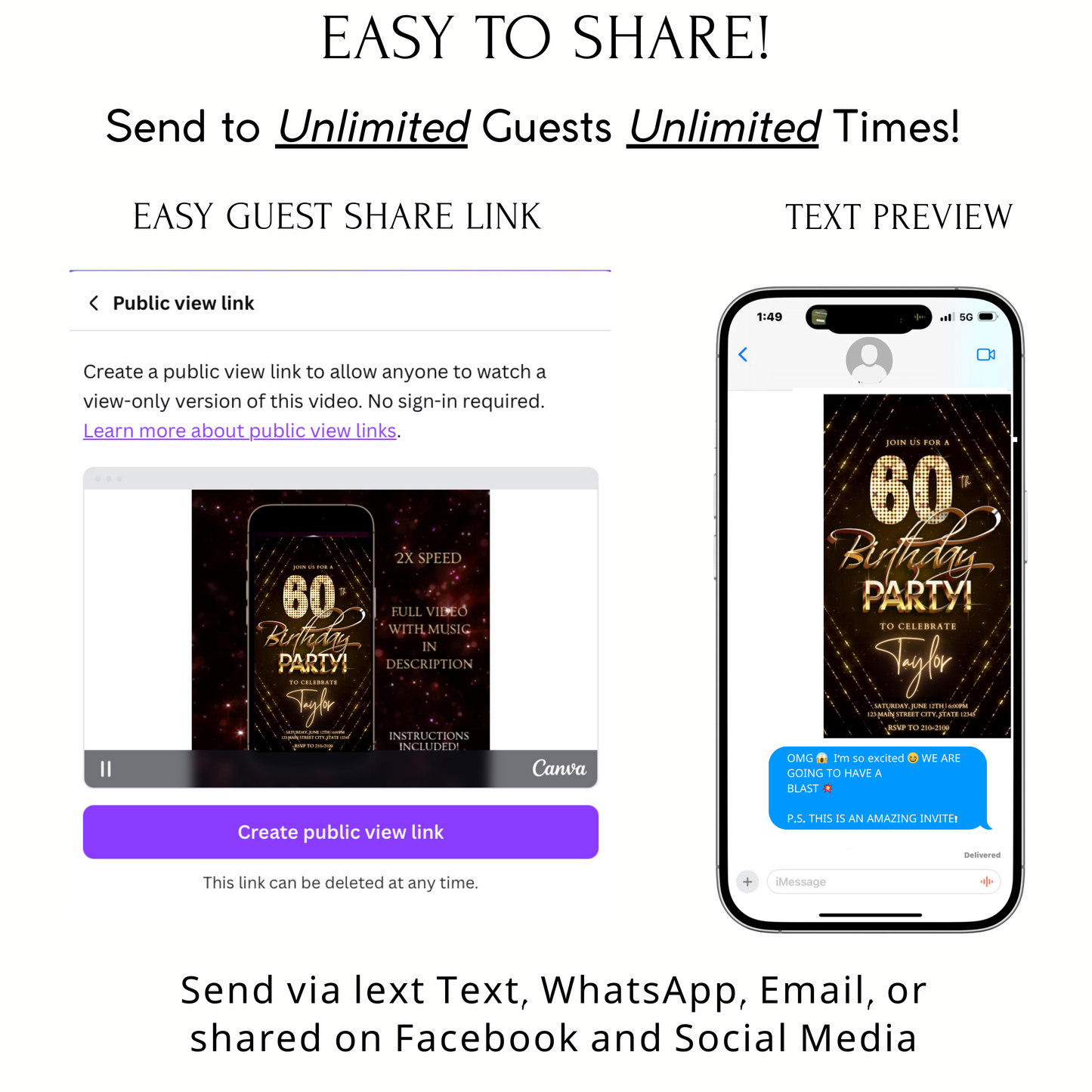Editable gold glitter 60th birthday birthday video invitation displayed on a mobile phone, featuring an animated vertical digital invite with music, created in Canva. This premium video invitation template is designed for sharing by text, email, and social media and works with an interactive RSVP website for easy guest response tracking.