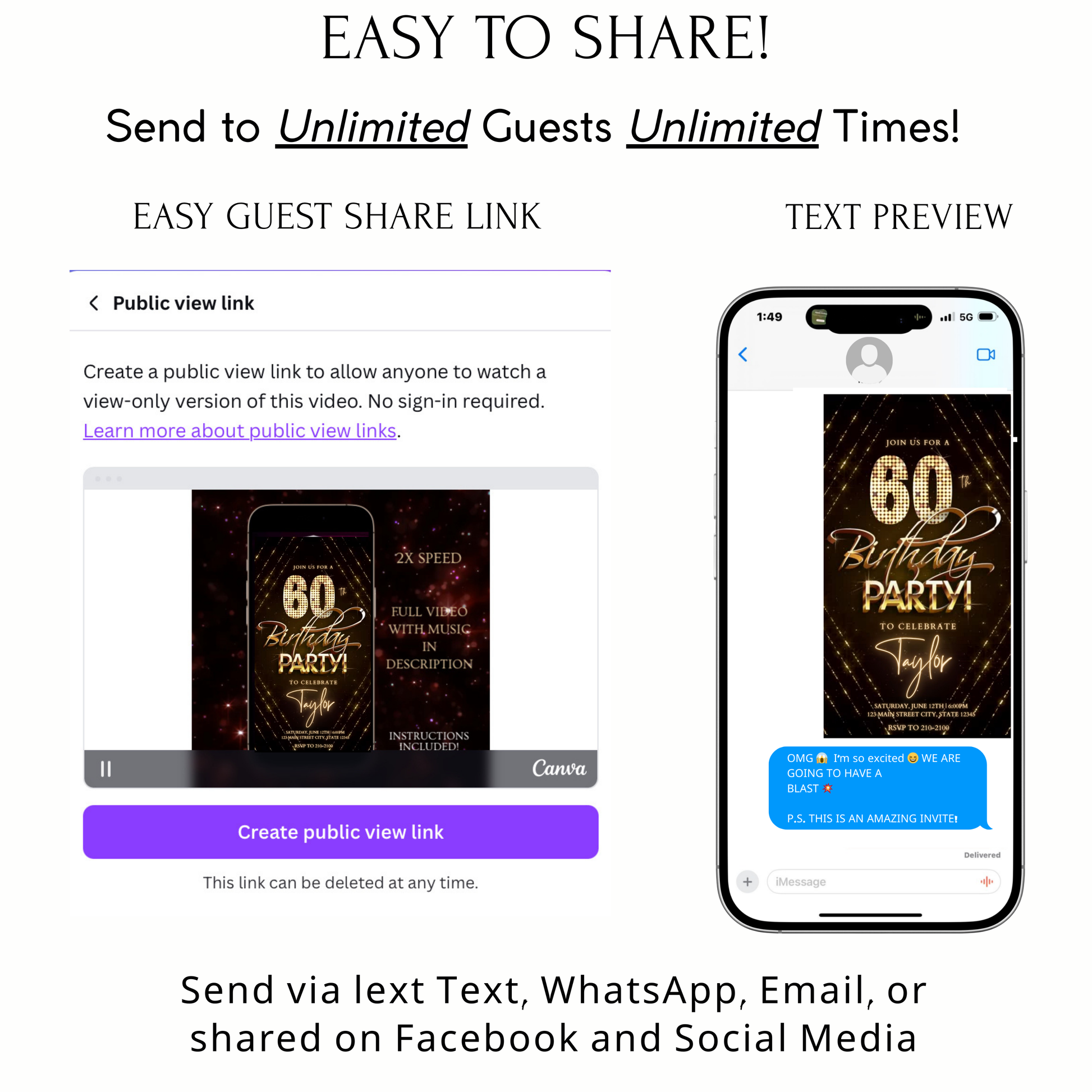 Editable gold glitter 60th birthday birthday video invitation displayed on a mobile phone, featuring an animated vertical digital invite with music, created in Canva. This premium video invitation template is designed for sharing by text, email, and social media and works with an interactive RSVP website for easy guest response tracking.
